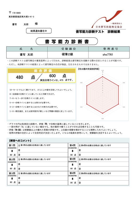 書写能力診断テスト　硬筆２級
