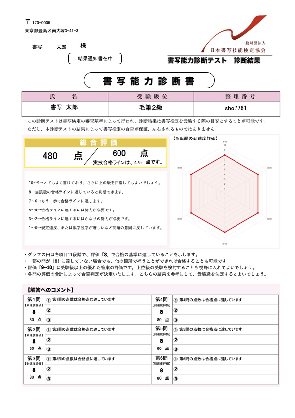 書写能力診断テスト　毛筆２級