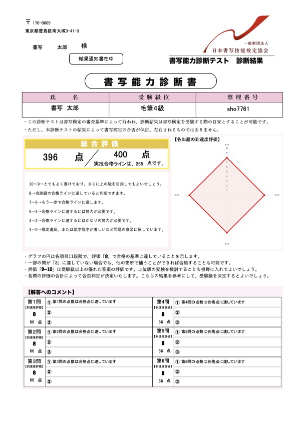 書写能力診断テスト　毛筆４級